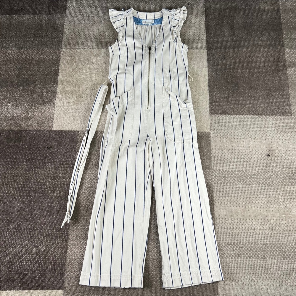 Anthropologie Striped Wide Leg Jumpsuit Ruffle Sleeves Belted Women Size 2